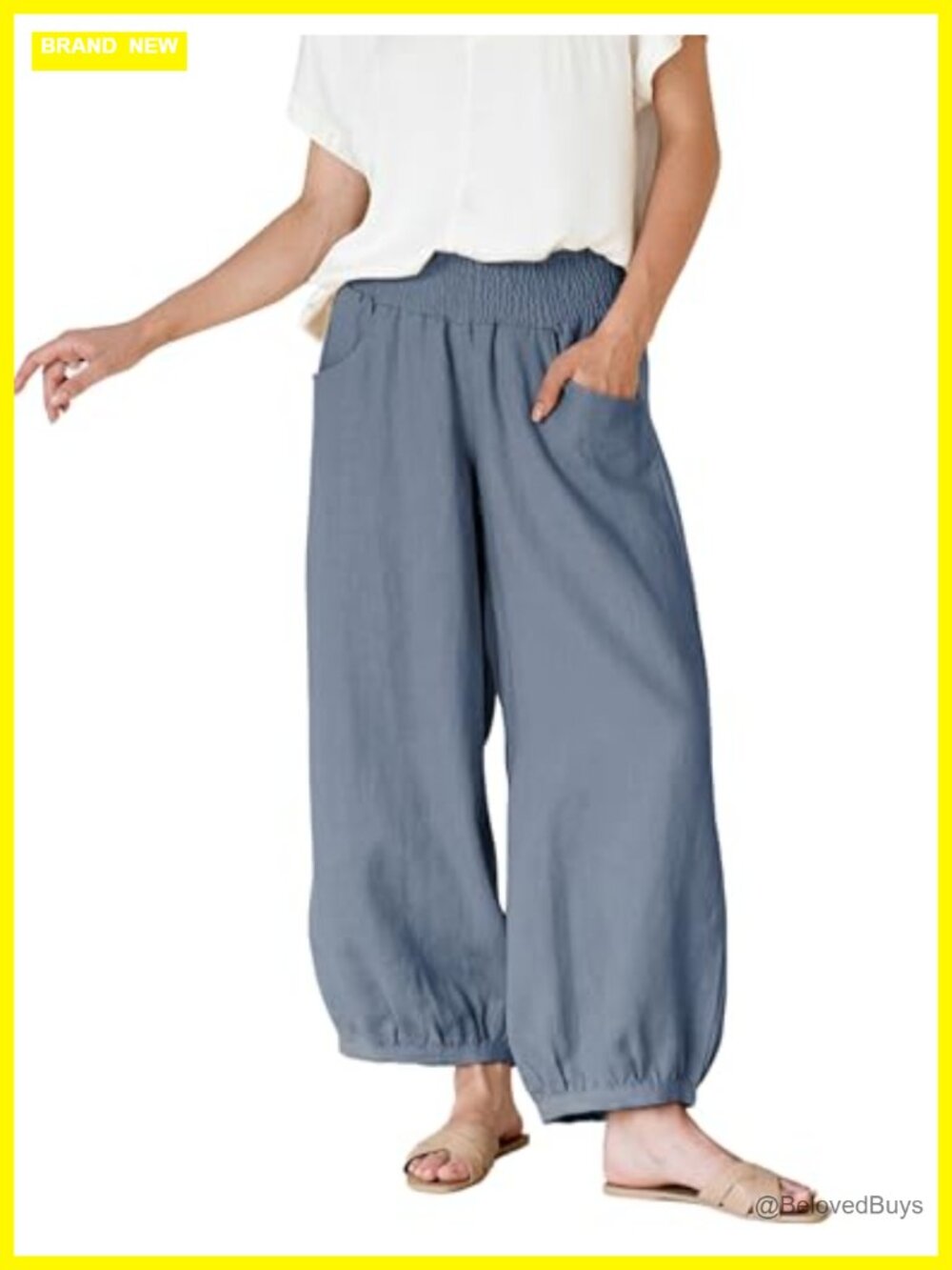 Womens Wide Leg Barrel Pants Cotton Linen Elastic Waist Trousers